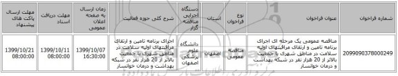 مناقصه عمومی یک مرحله ای اجرای برنامه تامین و ارتقای مراقبتهای اولیه سلامت در مناطق شهری با جمعیت بالاتر از 20 هزار نفر در شبکه بهداشت و درمان خوانسار