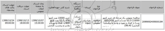 مناقصه عمومی یک مرحله ای خرید کنتور G2.5 (10000 عدد) و کنتور G65 (450 عدد) با کجک و مهره و واشر و برچسب گارانتی( 99.40) 
