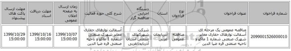 مناقصه عمومی یک مرحله ای آسفالت نوارهای حفاری معابر شهرک صنعتی شماره 1 ماکو و ناحیه صنعتی قره ضیا الدین