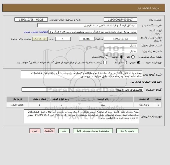 استعلام بیمه حوادث کامل (آتش سوزی صاعقه انفجار طوفان و گردباد سیل و طغیان آب زلزله و اتش فشان)21 ساختمان تابعه بهمراه تجهیزات طبق دو لیست پیوستی 