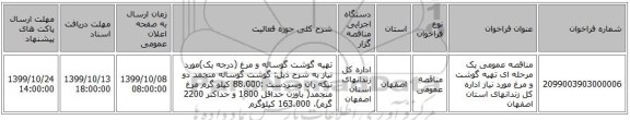 مناقصه عمومی یک مرحله ای تهیه گوشت و مرغ مورد نیاز اداره کل زندانهای استان اصفهان
