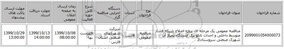مناقصه عمومی یک مرحله ای پروژه اصلاح شبکه فشار متوسط داخلی و احداث تابلو برق ایستگاه پمپاژ آب شهرک صنعتی سروستان2