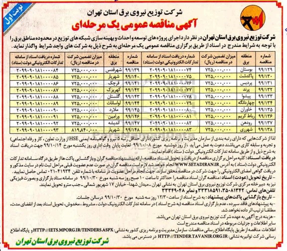 آگهی مناقصه عمومی , مناقصه اجرای پروژه های توسعه و احداث و بهینه سازی شبکه های توزیع