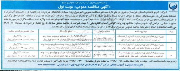 مناقصه ,مناقصه برون سپاری فعالیهای بهره برداری و نگهداری از تاسیسات آب شرب و خدمات مشترکین 