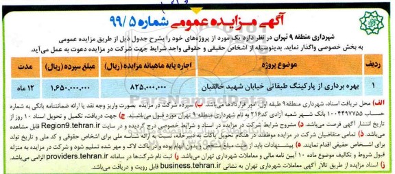 آگهی مزایده عمومی, مزایده بهره برداری از پارکینگ طبقاتی