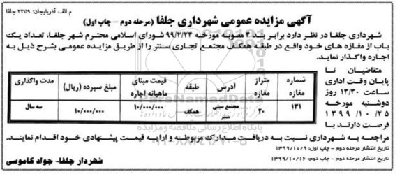 مزایده, مزایده اجاره یک باب مغازه