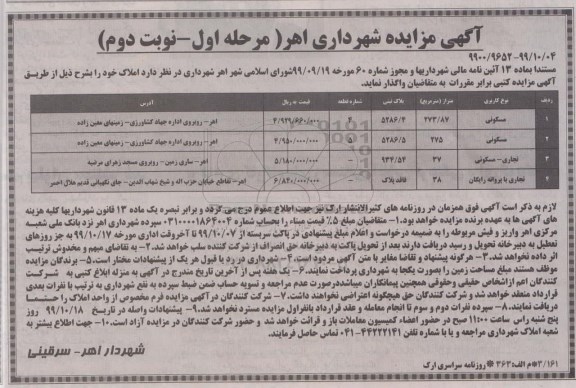 آگهی مزایده عمومی ، مزایده واگذاری املاک - مرحله اول نوبت دوم