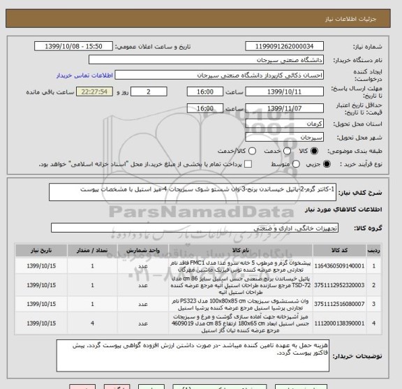 استعلام 1-کانتر گرم-2-پاتیل خیساندن برنج-3-وان شستو شوی سبزیجات 4-میز استیل با مشخصات پیوست