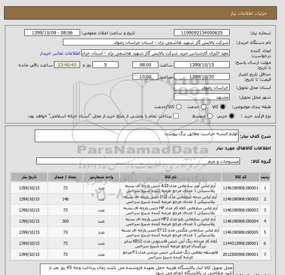 استعلام لوازم البسه حراست مطابق برگ پیوست 