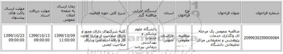 مناقصه عمومی یک مرحله ای واگذاری خدمات پژوهشی و تحقیقاتی مراکز تحقیقاتی دانشگاه
