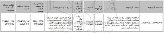 مناقصه عمومی یک مرحله ای تهیه مصالح و اجرای عملیات ساختمانی تسطیح محوطه فونداسیون تجهیزات فنس کشی و جاده دسترسی پست سیار مشکین شهر 