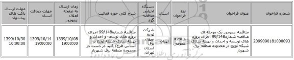 مناقصه عمومی یک مرحله ای مناقصه شماره99/148 اجرای پروژه های توسعه و احداث و بهینه سازی شبکه توزیع در محدوده منطقه برق شهریار