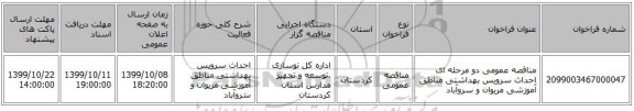 مناقصه عمومی دو مرحله ای احداث سرویس بهداشتی مناطق آموزشی مریوان و سروآباد 
