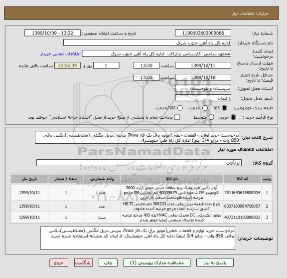 استعلام درخواست خرید لوازم و قطعات خطی(موتور برق تک فاز 7kwa بنزینی،دریل مگنتی (مغناطیسی)،بکس برقی 850 وات - درایو 3/4 اینچ) اداره کل راه آهن جنوبشرق