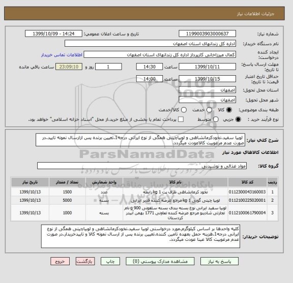 استعلام  لوبیا سفید،نخودکرمانشاهی و لوبیاچیتی همگی از نوع ایرانی درجه1.تعیین برنده پس ازارسال نمونه تایید.در صورت عدم مرغوبیت کالاعودت میگردد.