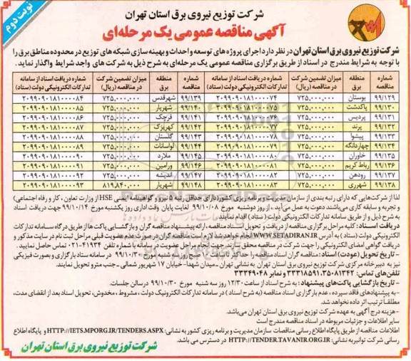 آگهی مناقصه عمومی , مناقصه اجرای پروژه های توسعه و احداث و بهینه سازی شبکه های توزیع- نوبت دوم 