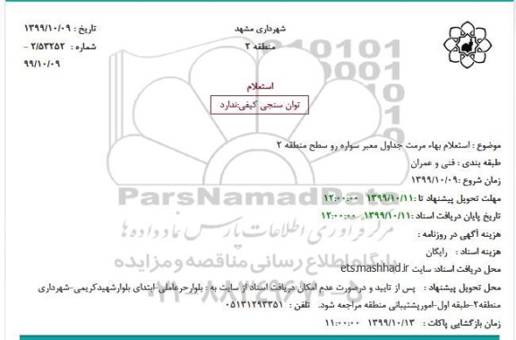  استعلام بهاء مرمت جداول معبر سواره رو 