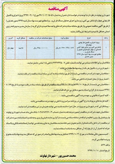مناقصه، مناقصه پروژه اجرا و تکمیل فاز نهایی چهار باغ 