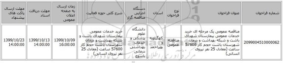 مناقصه عمومی یک مرحله ای خرید خدمات عمومی بیمارستان شهدای باشت و شبکه بهداشت و درمان شهرستان باشت  حجم کار 57600 ساعت (معادل 25 نفر نیروی انسانی)