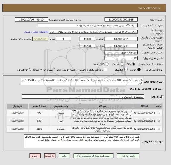 استعلام هیدرازین 55 درصد 400 کیلو گرم  - اسید نیتریک 65 درصد 600 کیلو گرم - اسید کلریدریک 35درصد 3500 کیلو گرم 