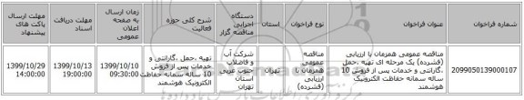 مناقصه عمومی همزمان با ارزیابی (فشرده) یک مرحله ای تهیه ،حمل ،گارانتی و خدمات پس از فروش 10 ساله  سمانه حفاظت الکترونیک هوشمند 