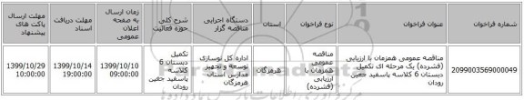 مناقصه عمومی همزمان با ارزیابی (فشرده) یک مرحله ای تکمیل دبستان 6 کلاسه پاسفید جغین رودان
