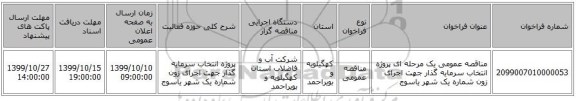مناقصه عمومی یک مرحله ای پروژه انتخاب سرمایه گذار جهت اجرای زون شماره یک شهر یاسوج