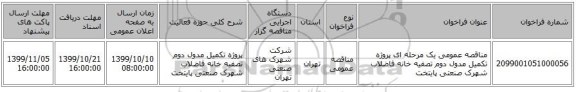 مناقصه عمومی یک مرحله ای پروژه تکمیل مدول دوم تصفیه خانه فاضلاب شهرک صنعتی پایتخت