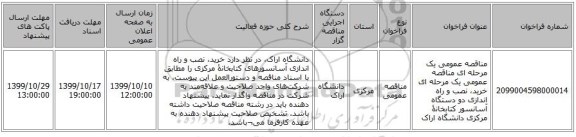 مناقصه عمومی یک مرحله ای مناقصه عمومی یک مرحله ای خرید، نصب و راه اندازی دو دستگاه آسانسور کتابخانۀ مرکزی دانشگاه اراک