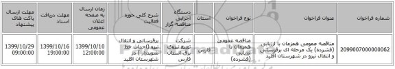 مناقصه عمومی همزمان با ارزیابی (فشرده) یک مرحله ای برقرسانی و انتقال نیرو در شهرستان اقلید 