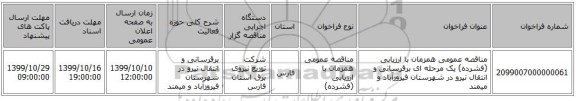 مناقصه عمومی همزمان با ارزیابی (فشرده) یک مرحله ای برقرسانی و انتقال نیرو در شهرستان فیروزآباد و میمند 