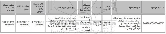 مناقصه عمومی یک مرحله ای اجرای بخشی از کارهای باقیمانده ساختمان و دیوارکشی پروژه مجتمع فرهنگی و هنری