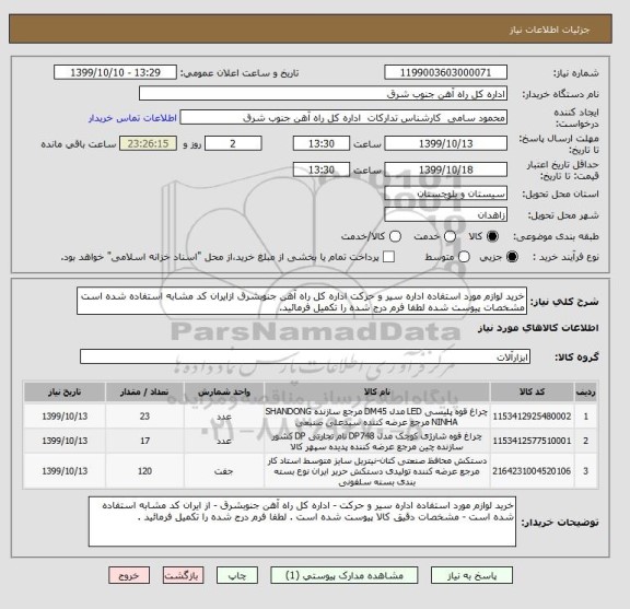 استعلام خرید لوازم مورد استفاده اداره سیر و حرکت اداره کل راه آهن جنوبشرق ازایران کد مشابه استفاده شده است مشخصات پیوست شده لطفا فرم درج شده را تکمیل فرمائید.