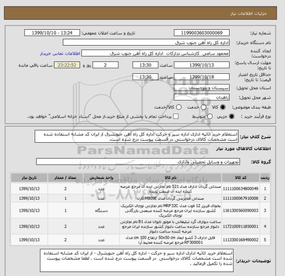 استعلام استعلام خرید اثاثیه اداری اداره سیر و حرکت اداره کل راه آهن جنوبشرق از ایران کد مشابه استفاده شده است مشخصات کالای درخواستی در قسمت پیوست درج شده است.