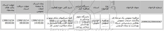 مناقصه عمومی یک مرحله ای واگذاری خدمات عمومی نظافتی و  پشتیبانی شبکه بهداشت و درمان فردوس