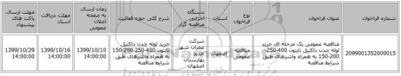 مناقصه عمومی یک مرحله ای خرید لوله چدن داکتیل تایتون 400-250-200-150 به همراه واشرهای طبق شرایط مناقصه