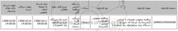 مناقصه عمومی همزمان با ارزیابی (فشرده) یک مرحله ای خرید یک دستگاه دیزل پنراتور(مولد برق اضطراری)