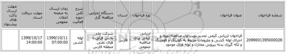 فراخوان ارزیابی کیفی تجدید نوبت اول مناقصه تهیه و اجرای لوله کشی و ملزومات مربوط به کولینگ و فومینگ و لکه گیری بدنه بیرونی مخازن و لوله های موجود 