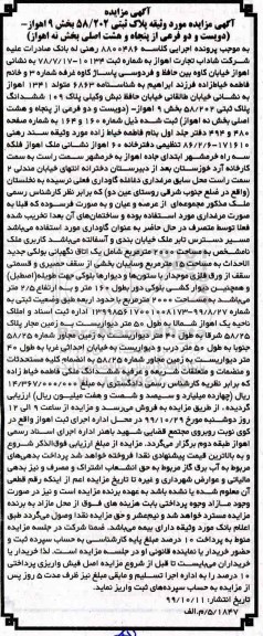 مزایده،مزایده ششدانگ پلاک ثبتی 58.202 بخش 9 اهواز