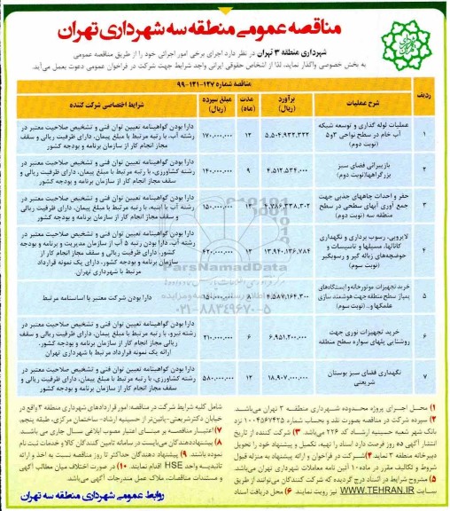 مناقصه عمومی , مناقصه عملیات لوله گذاری و توسعه شبکه آب خام ...