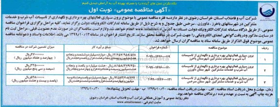 مناقصه , مناقصه برون سپاری فعالیتهای بهره برداری و نگهداری از تاسیسات آب شرب و خدمات مشترکین