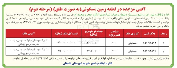 مزایده ،مزایده فروش دو قطعه زمین مسکونی مرحله دوم 