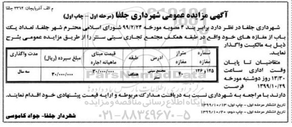 مزایده, مزایده اجاره یک باب مغازه