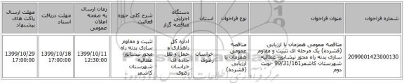مناقصه عمومی همزمان با ارزیابی (فشرده) یک مرحله ای تثبیت و مقاوم سازی بدنه راه محور نیشابور- عطائیه  شهرستان کاشمر99/31/161 -نوبت دوم