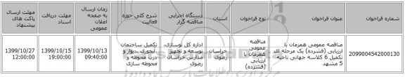 مناقصه عمومی همزمان با ارزیابی (فشرده) یک مرحله ای تکمیل 6 کلاسه جهانی ناحیه 5 مشهد