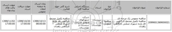 مناقصه عمومی یک مرحله ای مناقصه تکمیل مجتمع کارگاهی فاز یازده شهرک صنعتی کارگاهی زاهدان