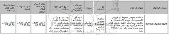 مناقصه عمومی همزمان با ارزیابی (فشرده) یک مرحله ای بهسازی و روکش آسفالت(با اولویت روکش های حفاظتی)درراه روستایی موسی آباد شهرستان تربت جام -99/31/163 نوبت