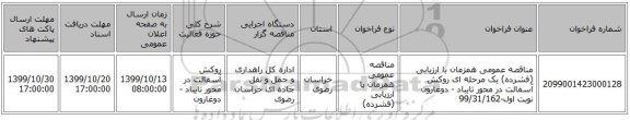 مناقصه عمومی همزمان با ارزیابی (فشرده) یک مرحله ای روکش آسفالت  در محور تایباد - دوغارون نوبت اول-99/31/162