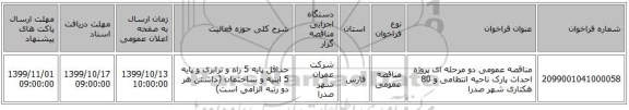 مناقصه عمومی دو مرحله ای پروژه احداث پارک ناحیه انتظامی و 80 هکتاری شهر صدرا