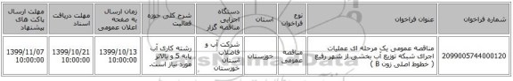 مناقصه عمومی یک مرحله ای عملیات اجرای شبکه توزیع آب بخشی از شهر رفیع ( خطوط اصلی زون B )